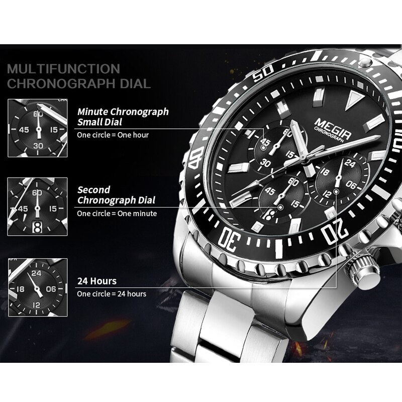 MEGIR Watch Luxury Business Quartz Mens Watches Sport Military Watch Men Full Steel Chronograph Waterproof relogio masculino