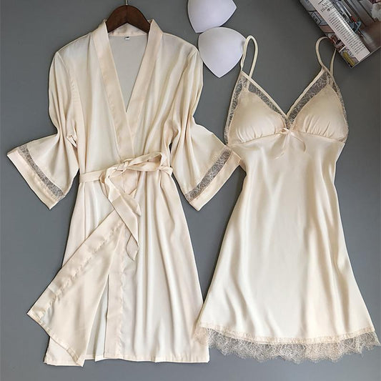 Sexy Women Rayon Kimono Bathrobe WHITE Bride Bridesmaid Wedding Robe Set Lace Trim Sleepwear Casual Home Clothes Nightwear