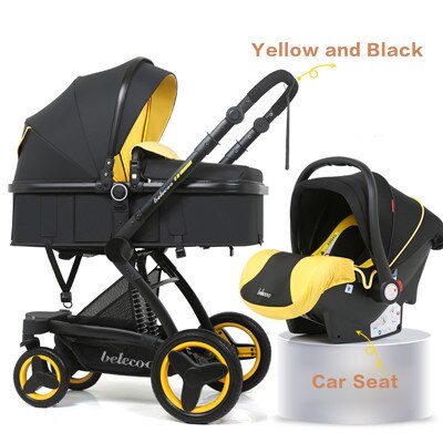 Belecoo baby stroller high landscape baby stroller basket can sit lying folding 3in1 leather baby stroller with car seat  gift