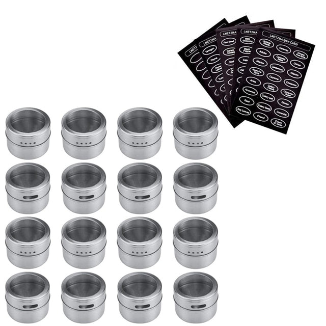 LMETJMA Magnetic Spice Jar Set With Stickers Stainless Steel Spice Tins Spice Storage Container Pepper Seasoning Sprays Tools