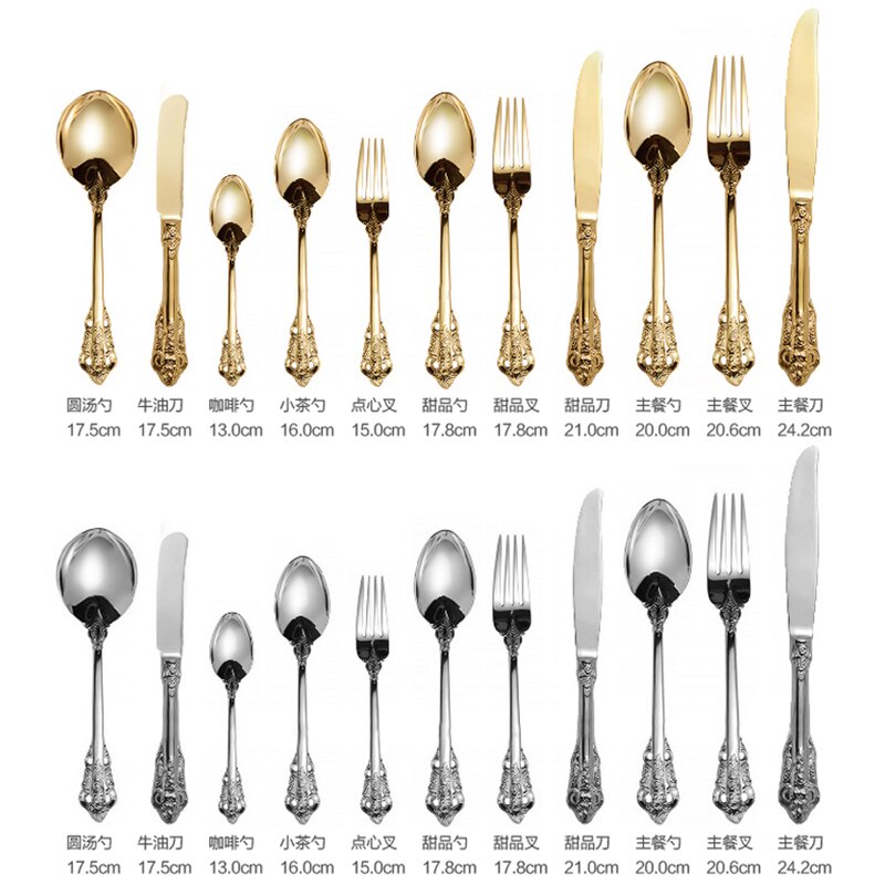 Golden Luxury Dinner Set Vintage Western Gold Plated Cutlery Stainless Steel Knife Fork Set Vintage Kitchen Untensile