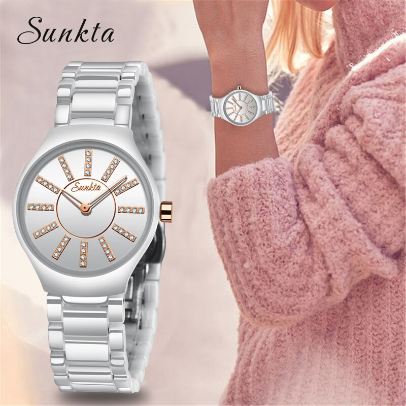 SUNKTA luxury women watches brand crystal fashion White Bracelet watches ladies watch waterproof watch women Relogio Feminino