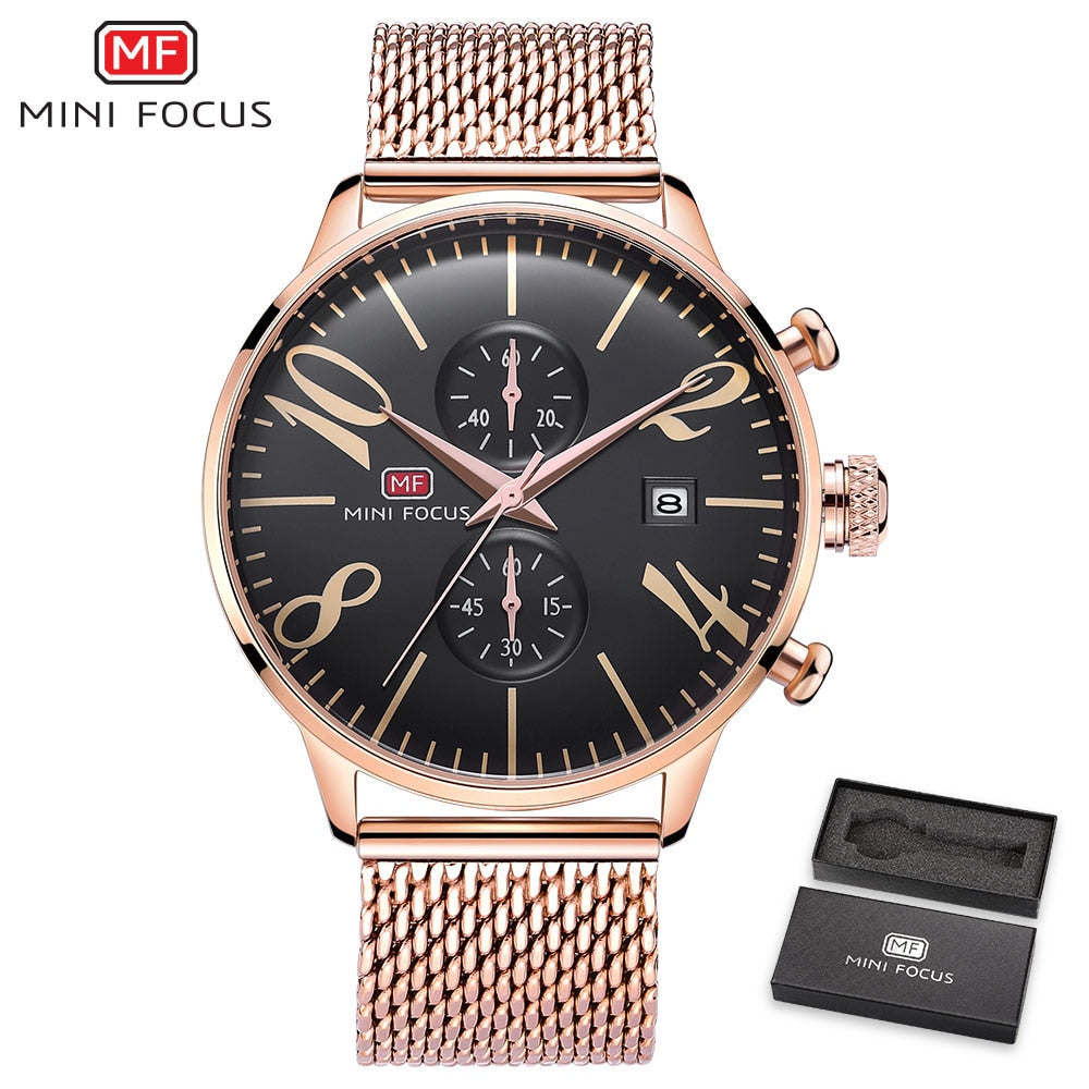 MINI FOCUS Man Quartz Stainless Steel Mesh Belt Chronograph Watch Men Relogio Masculino Fashion Brand Clock For Male Reloj Hombr