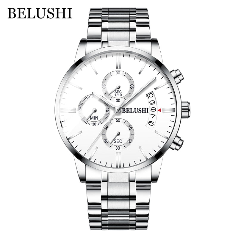 BELUSHI Fashion Men&#39;s Quartz Watch Chronograph Sport Men Watches Top Brand Luxury Full Steel Waterproof Clock Male Wristwatch