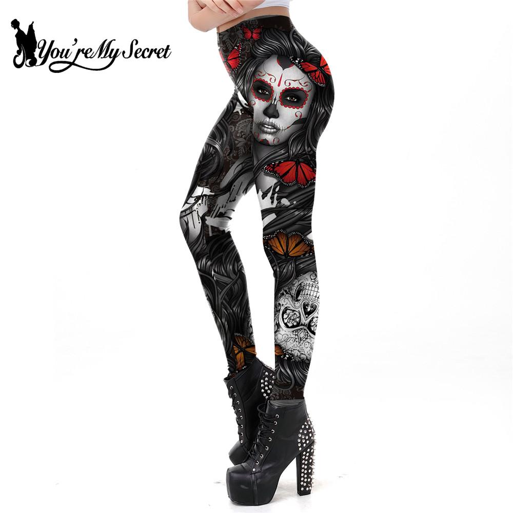[You&#39;re My Secret] 2021 New Gothic Printed Leggings For Women Halloween Skull Sexy Legging Rose Pattern Fitness Workout Leggins