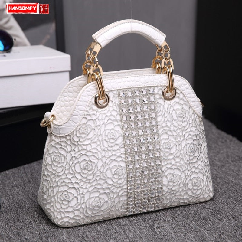 Luxury Fashion Diamonds Women Handbags Crossbody Female Shoulder Shell Bag Rhinestone Messenger Bags Crocodile Pattern Leather