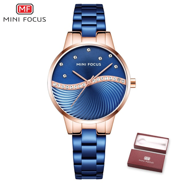 MINI FOCUS Top Brand Luxury Fashion Women Watches Lady Purple Stainless Steel Strap Waterproof Quartz-Watches Feminine +Gift Box