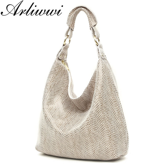 Arliwwi 100% Genuine Leather Shiny Serpentine Shoulder Bags Big Casual Soft Real Snake Embossed Skin Large Bag Handbags Women