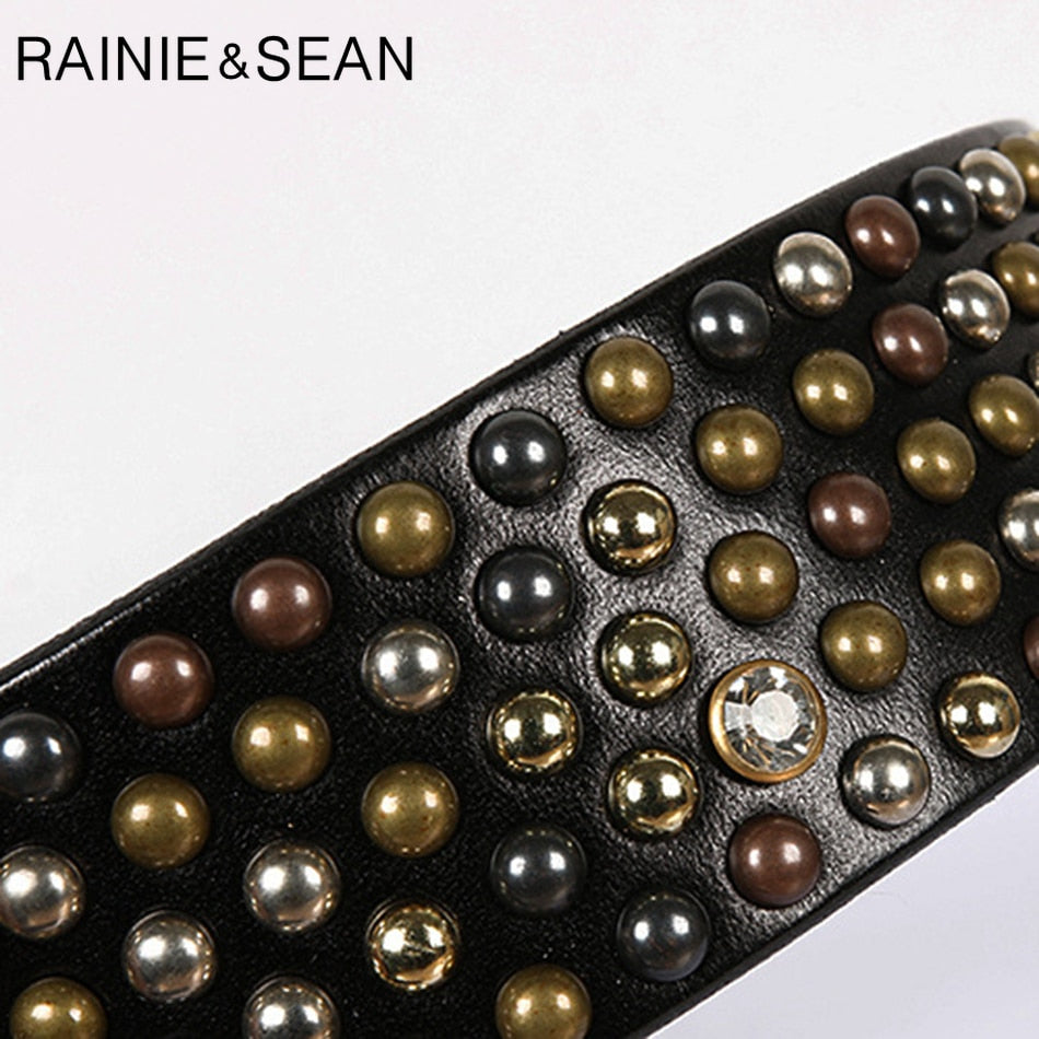 RAINIE SEAN Real Leather Belt Men Rivet Pin Buckle Belts Brown Italian Genuine Leather Cowhide Diamond High Quality Male Belt