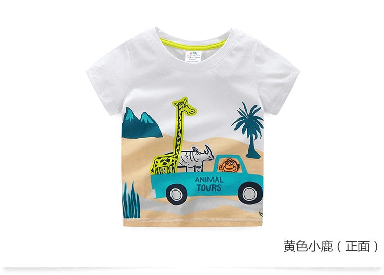 2023 Summer 2-10T Children&#39;S Birthday Clothing Dinosaur Car Striped Print Short Sleeve Basic Tops Cartoon T-Shirt For Kids Boy