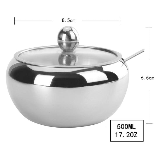 LMETJMA Large 300ML Sugar Bowl Stainless Steel Sugar Bowl with Glass Lid and Spoon Seasoning Spice Bowl Container KC0247