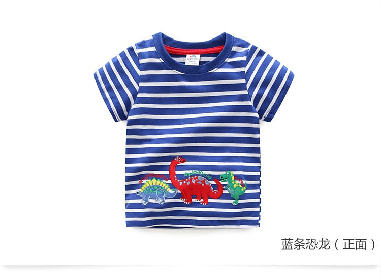 2023 Summer 2-10T Children&#39;S Birthday Clothing Dinosaur Car Striped Print Short Sleeve Basic Tops Cartoon T-Shirt For Kids Boy