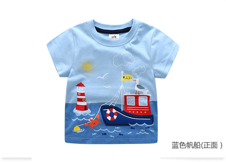 2023 Summer 2-10T Children&#39;S Birthday Clothing Dinosaur Car Striped Print Short Sleeve Basic Tops Cartoon T-Shirt For Kids Boy