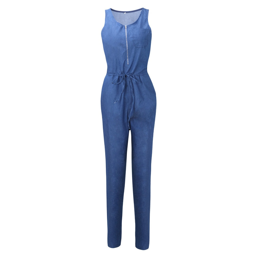 Sleeveless denim jumpsuit Loose playsuit jeans bodysuit Women