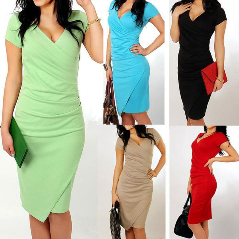 2019 New Sexy V-Neck Empire Women Slim Dress office lady Solid Color Summer bodycon dresses