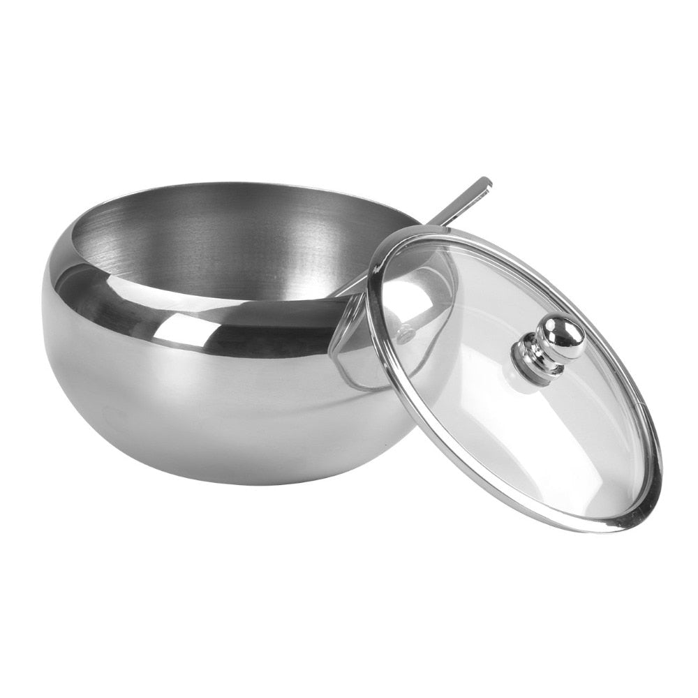 LMETJMA Large 300ML Sugar Bowl Stainless Steel Sugar Bowl with Glass Lid and Spoon Seasoning Spice Bowl Container KC0247