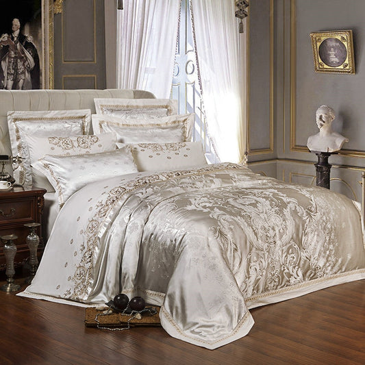 Sliver Gold Luxury Silk Satin Jacquard duvet cover bedding set queen king size Embroidery bed set bed sheet/Fitted sheet set