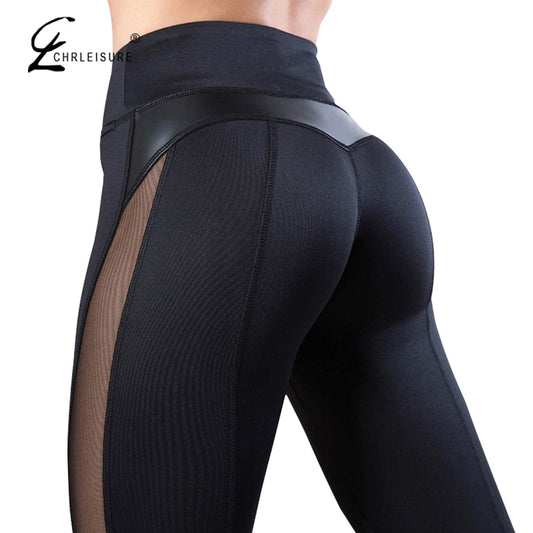 CHRLEISURE Solid High Waist Fitness Legging Women Heart Workout Leggins Femme Fashion Mesh And PU Leather Patchwork Leggings