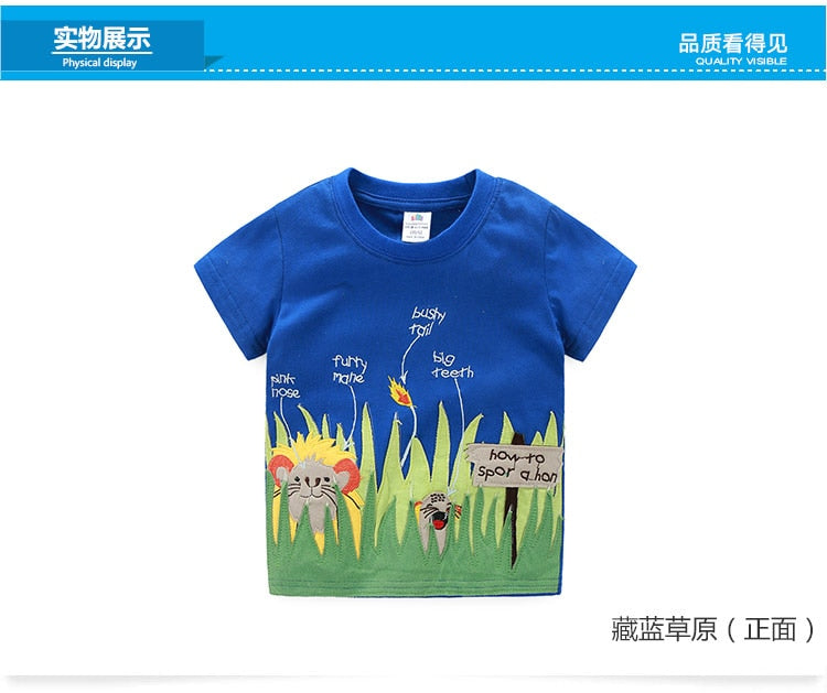 2023 Summer 2-10T Children&#39;S Birthday Clothing Dinosaur Car Striped Print Short Sleeve Basic Tops Cartoon T-Shirt For Kids Boy