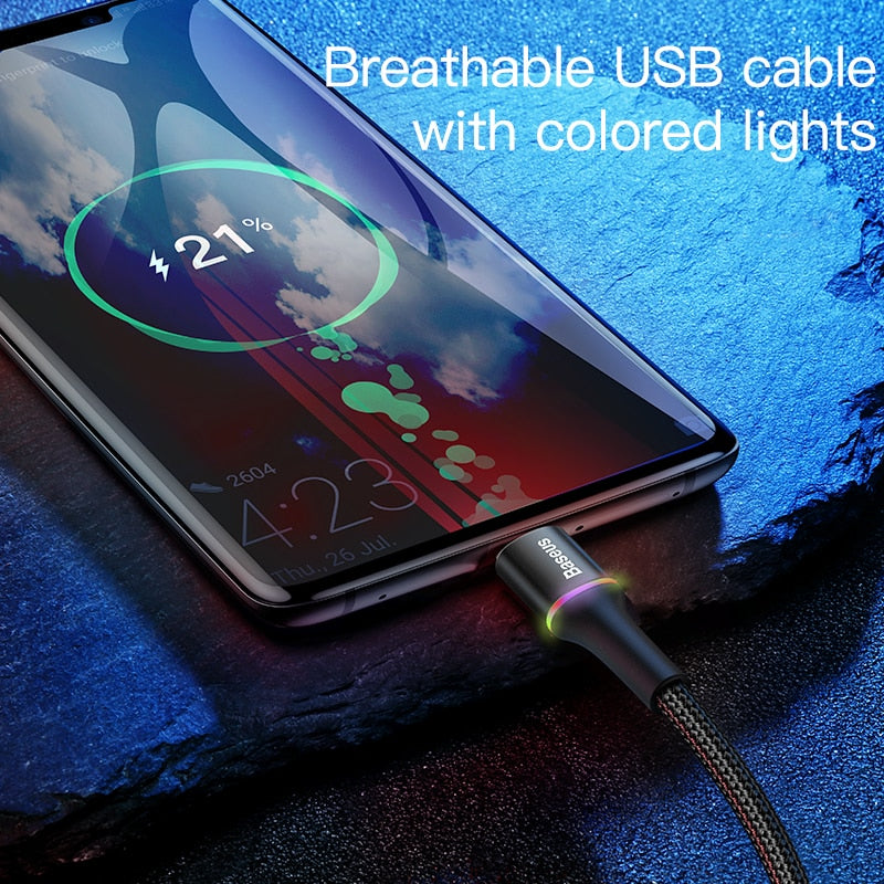 Baseus LED USB Type C Cable For Samsung S20 S21 Xiaomi POCO Fast Charging Wire Cord USB-C Charger Mobile Phone USBC Type-C Cable