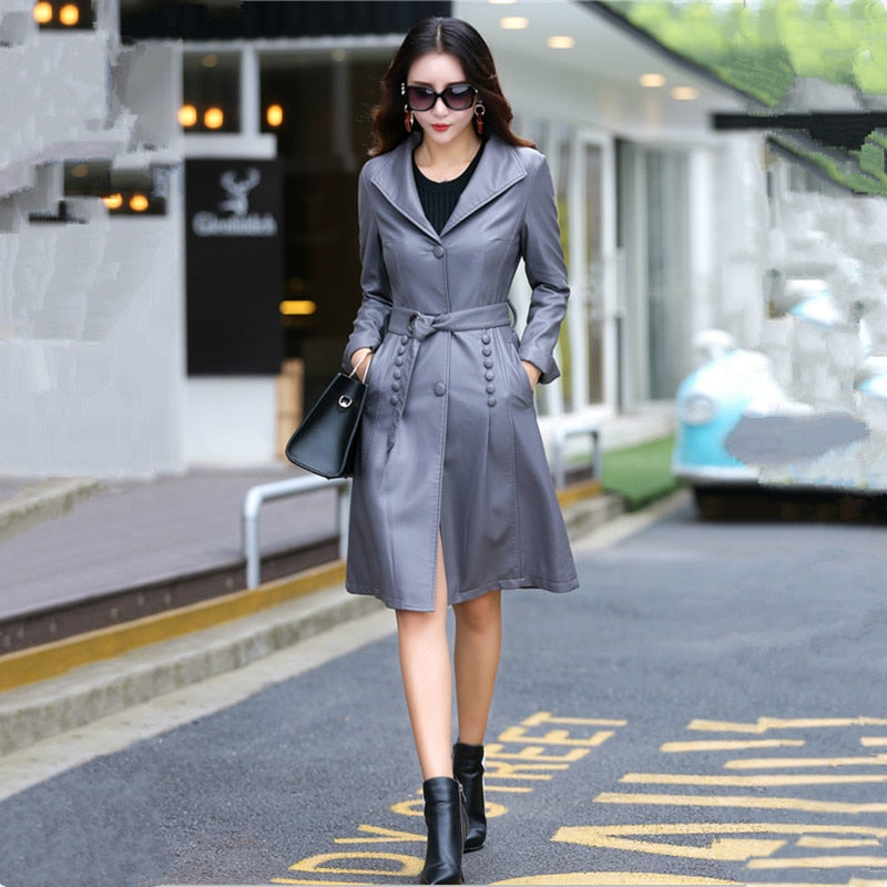 2022 Autumn Winter Women Faux Leather Jacket New Female Fashion Solid Turn Collar Single Breasted Button Belt Decoration Coat