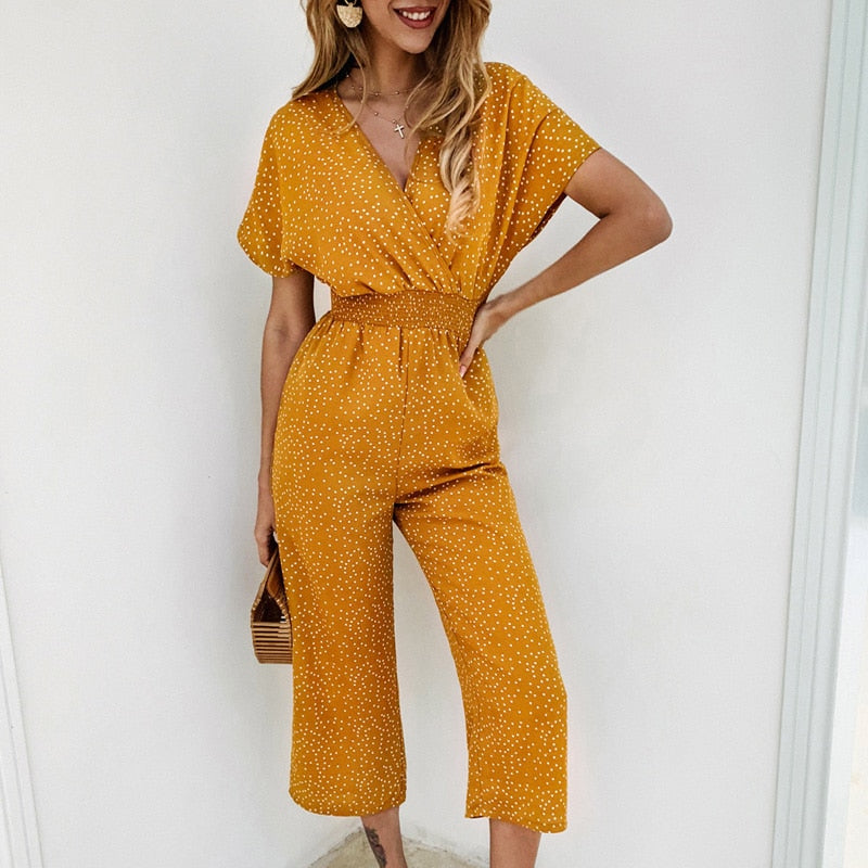 Jumpsuit Short Sleeve Wide Leg Loose Jumpsuit Women Jumpsuits Rompers Summer Casual Print V-neck Pocket Overalls 2022 Fashion