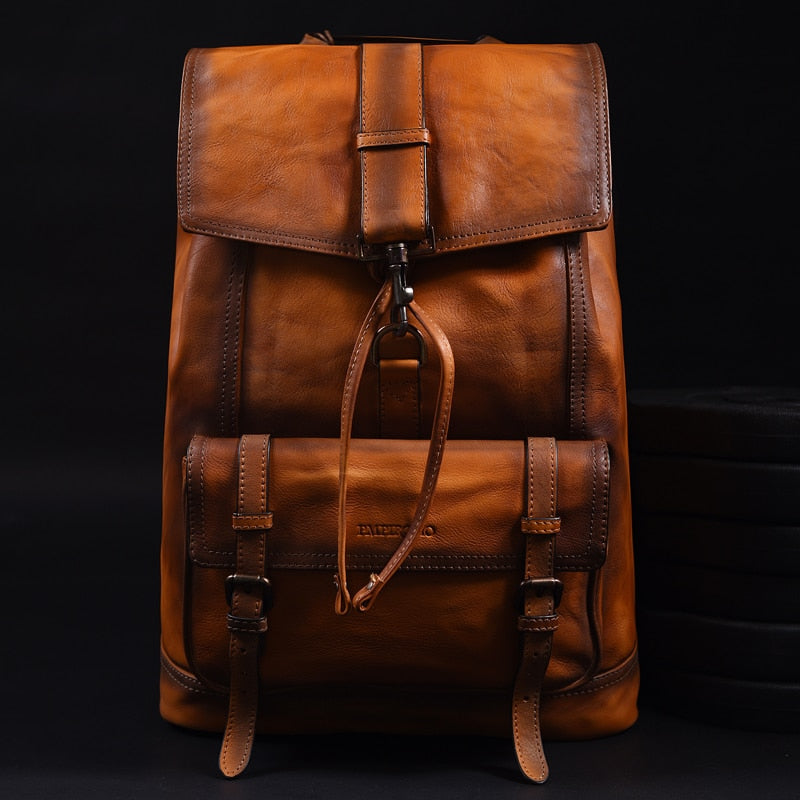 Brand Original Handmade Backpack Italian Imported Calfskin Bag Men&#39;s Large Capacity Vintage Genuine Leather Double Shoulder Bag