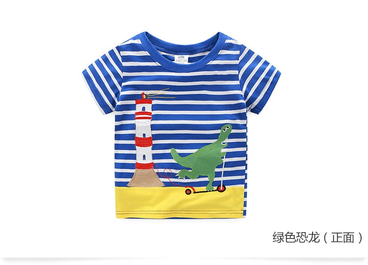 2023 Summer 2-10T Children&#39;S Birthday Clothing Dinosaur Car Striped Print Short Sleeve Basic Tops Cartoon T-Shirt For Kids Boy