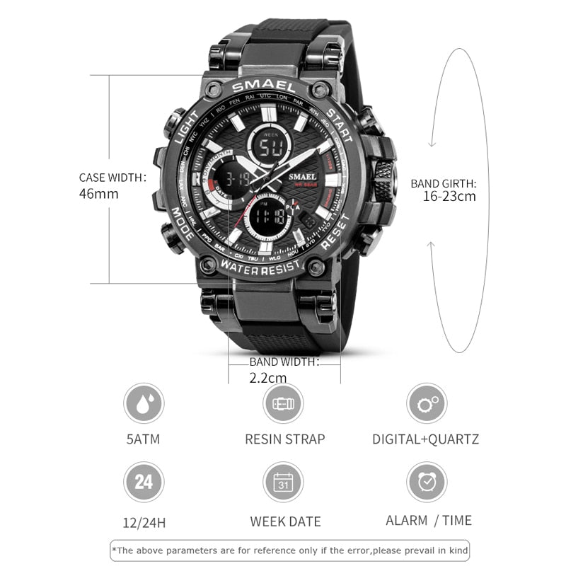 SMAEL Sports Men Watch Mens Analog Quartz Watches Man LED Digital Waterproof Military Wristwatch Male Clock Relogio Masculino