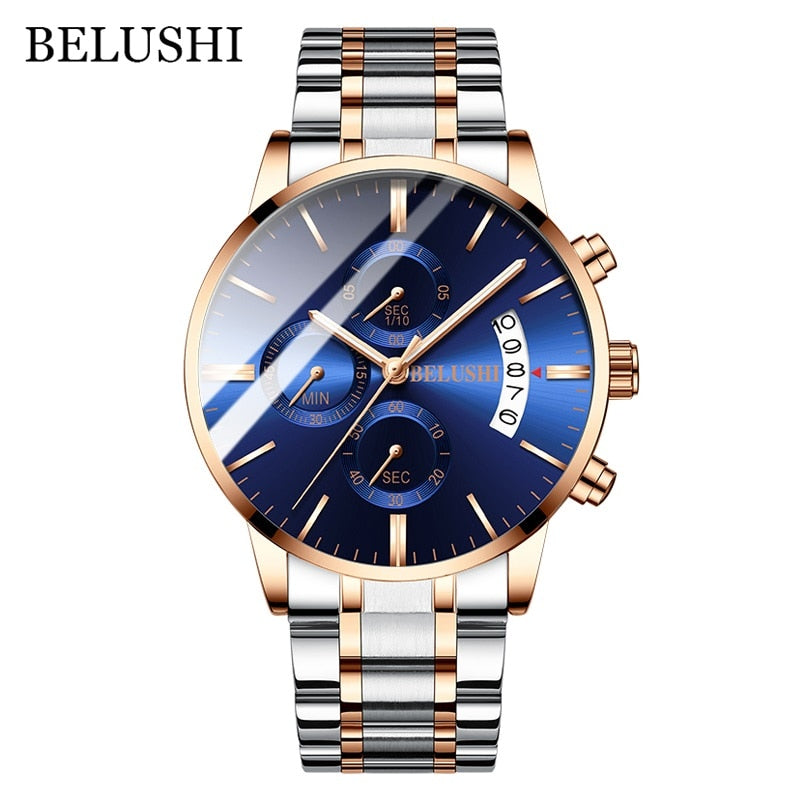 BELUSHI Fashion Men&#39;s Quartz Watch Chronograph Sport Men Watches Top Brand Luxury Full Steel Waterproof Clock Male Wristwatch