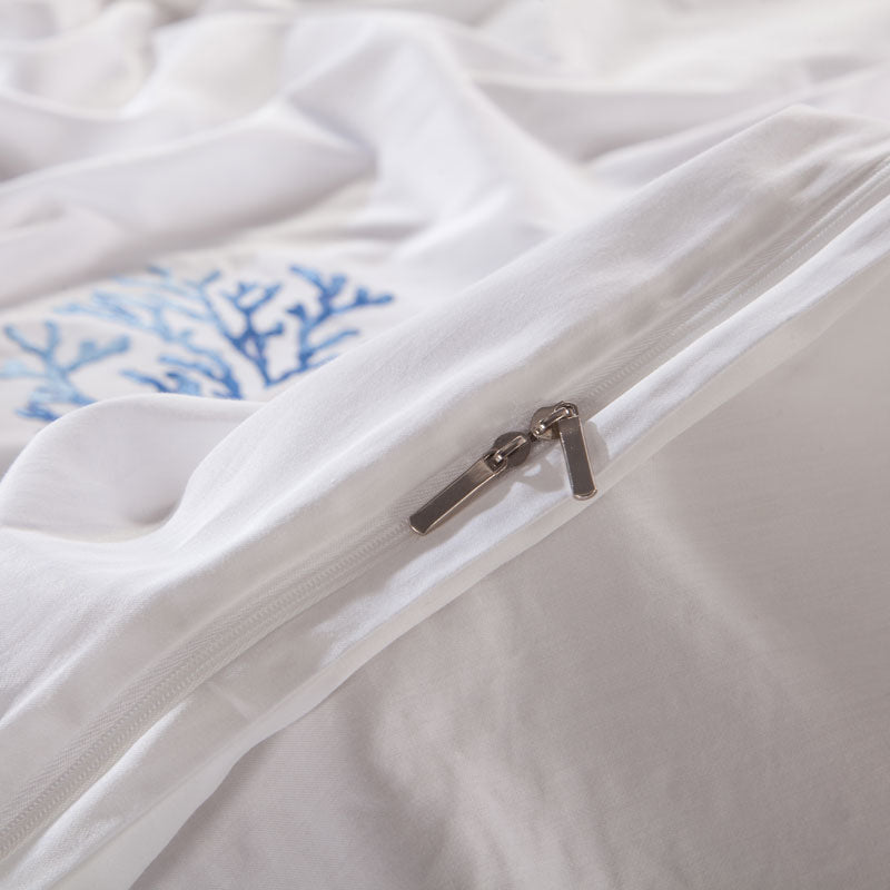 Bedding Set - Blue Embroidery White Duvet Cover set Premium Egyptian Cotton Silky Soft Bedding Set Deep Pocket Fitted sheet Super/USKing Queen