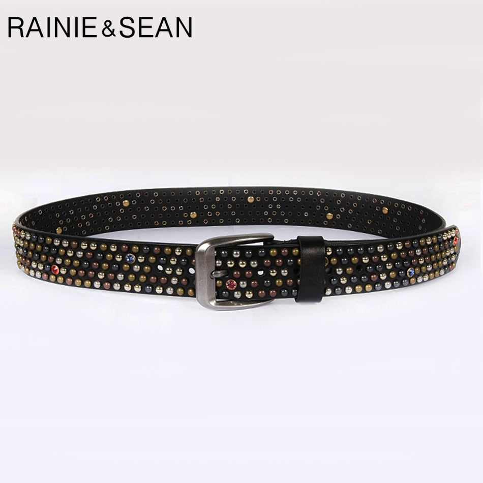 RAINIE SEAN Real Leather Belt Men Rivet Pin Buckle Belts Brown Italian Genuine Leather Cowhide Diamond High Quality Male Belt