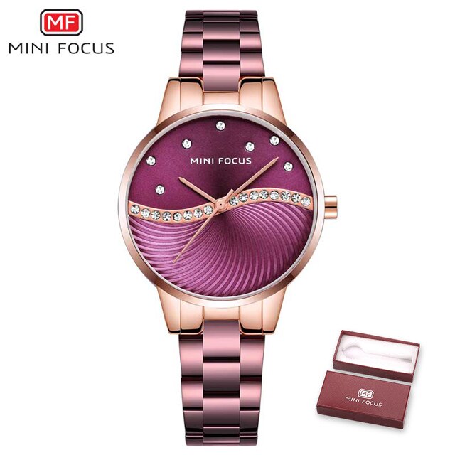 MINI FOCUS Top Brand Luxury Fashion Women Watches Lady Purple Stainless Steel Strap Waterproof Quartz-Watches Feminine +Gift Box