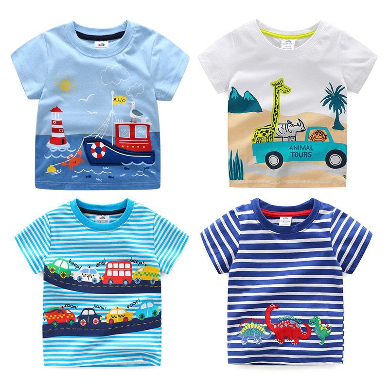 2023 Summer 2-10T Children&#39;S Birthday Clothing Dinosaur Car Striped Print Short Sleeve Basic Tops Cartoon T-Shirt For Kids Boy