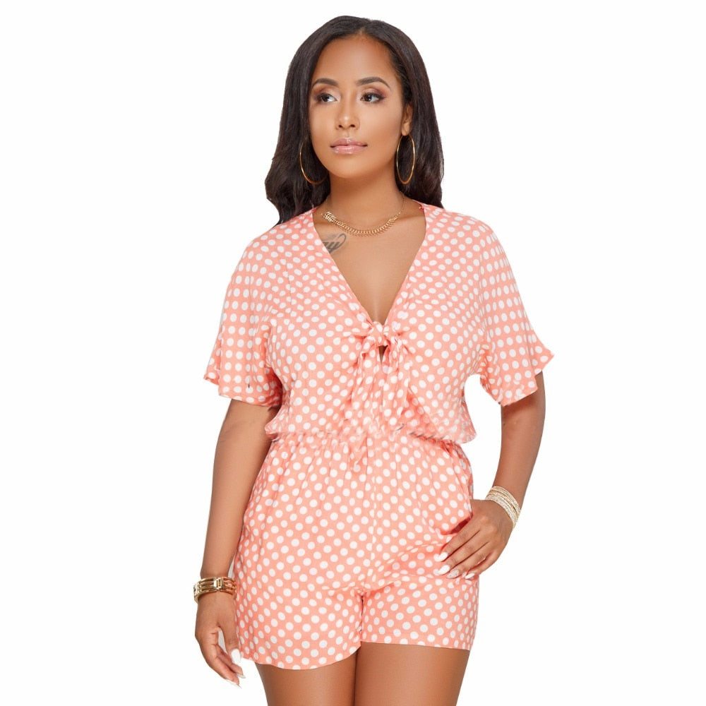 Dot Beach playsuit plus size Bow romper women jumpsuit short