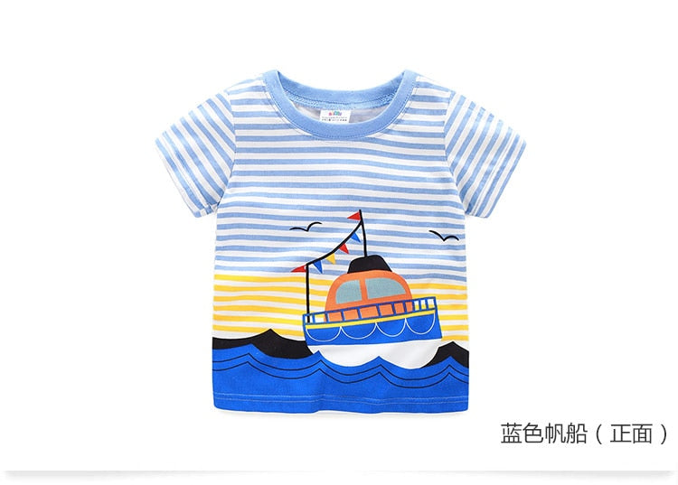 2023 Summer 2-10T Children&#39;S Birthday Clothing Dinosaur Car Striped Print Short Sleeve Basic Tops Cartoon T-Shirt For Kids Boy