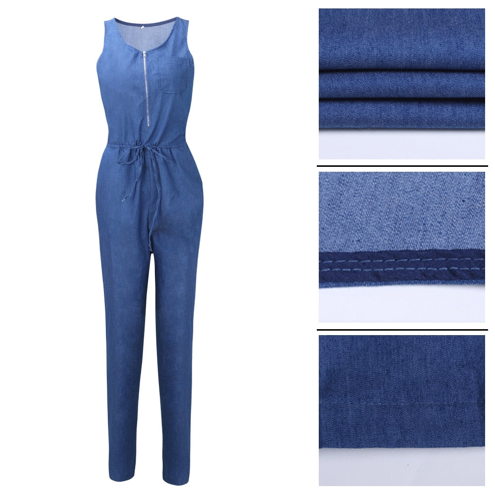 Sleeveless denim jumpsuit Loose playsuit jeans bodysuit Women