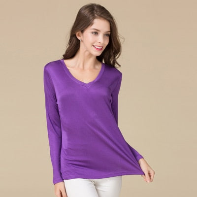 SuyaDream Women T shirt Natural silk Long Sleeves V Neck Solid Basic Shirt Pink Blue Purple Bottoming Top