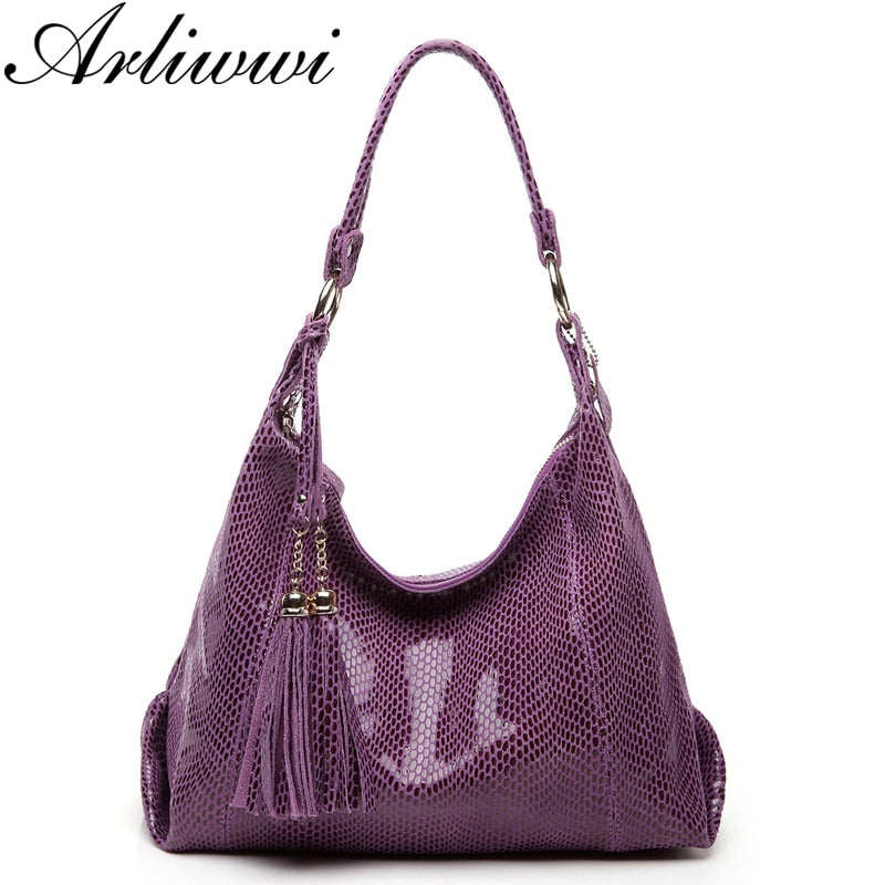 Arliwwi Brand Real Soft Suede Cow Leather Lady Crossbody Tassel Handbags Shiny Snake Embossed Shoulder Tote Bags For Women GY11