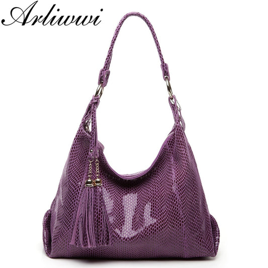 Arliwwi Brand Real Soft Suede Cow Leather Lady Crossbody Tassel Handbags Shiny Snake Embossed Shoulder Tote Bags For Women GY11