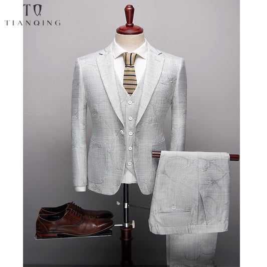 TianQiong New arrival Men Suit Business Formal Party Suit Jacquard Groom Suit Blue Grey Wedding Suit For Men 3Pcs Set