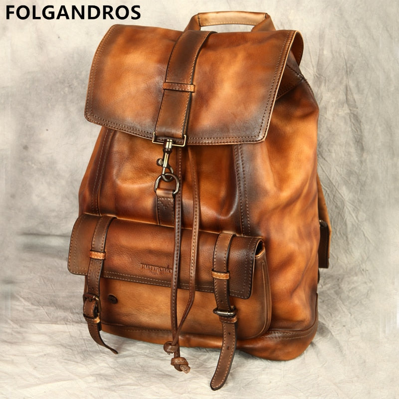 Brand Original Handmade Backpack Italian Imported Calfskin Bag Men&#39;s Large Capacity Vintage Genuine Leather Double Shoulder Bag