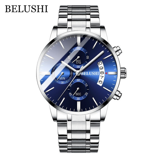 BELUSHI Fashion Men&#39;s Quartz Watch Chronograph Sport Men Watches Top Brand Luxury Full Steel Waterproof Clock Male Wristwatch