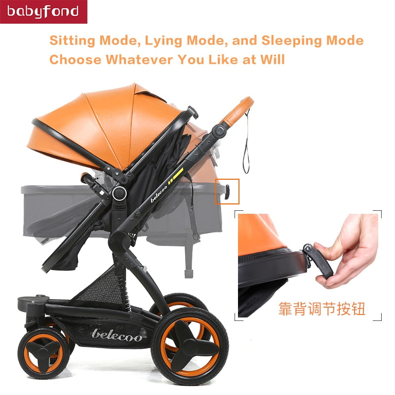 Belecoo baby stroller high landscape baby stroller basket can sit lying folding 3in1 leather baby stroller with car seat  gift