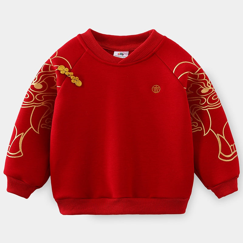 2022 Winter 2 3-12 Years Embroidery Red Ethnic Thickening Traditional Chinese New Year Style Sweatshirt For Kids Baby Boys Girls