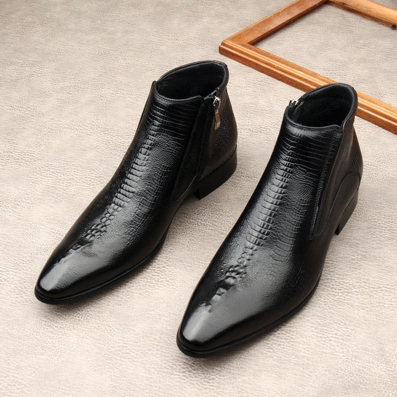 Handmade Brand Men Ankle Boots Luxury  Genuine Leather Fashion Designer Black Basic Zipper Pointed Black Formal Mens Boots