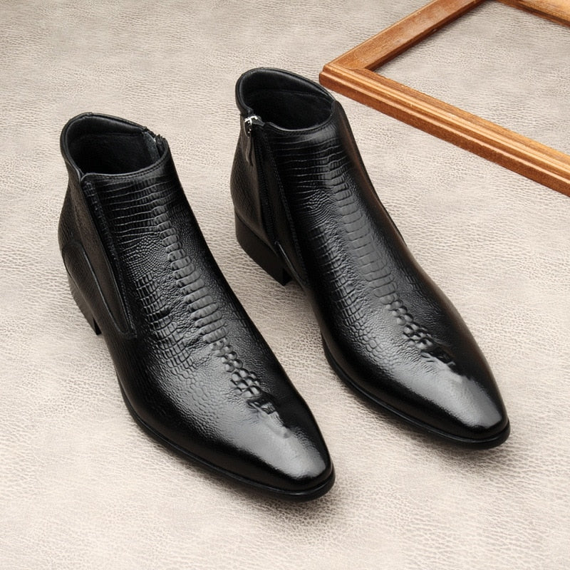 Handmade Brand Men Ankle Boots Luxury  Genuine Leather Fashion Designer Black Basic Zipper Pointed Black Formal Mens Boots