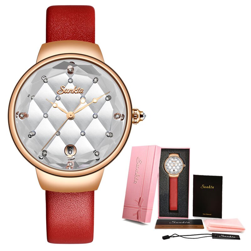 SUNKTA Women Watch Luxury Crystal Watch Women Waterproof Rose Gold Steel Strap Ladies WristWatches Top Brand Bracelet Clock+Box