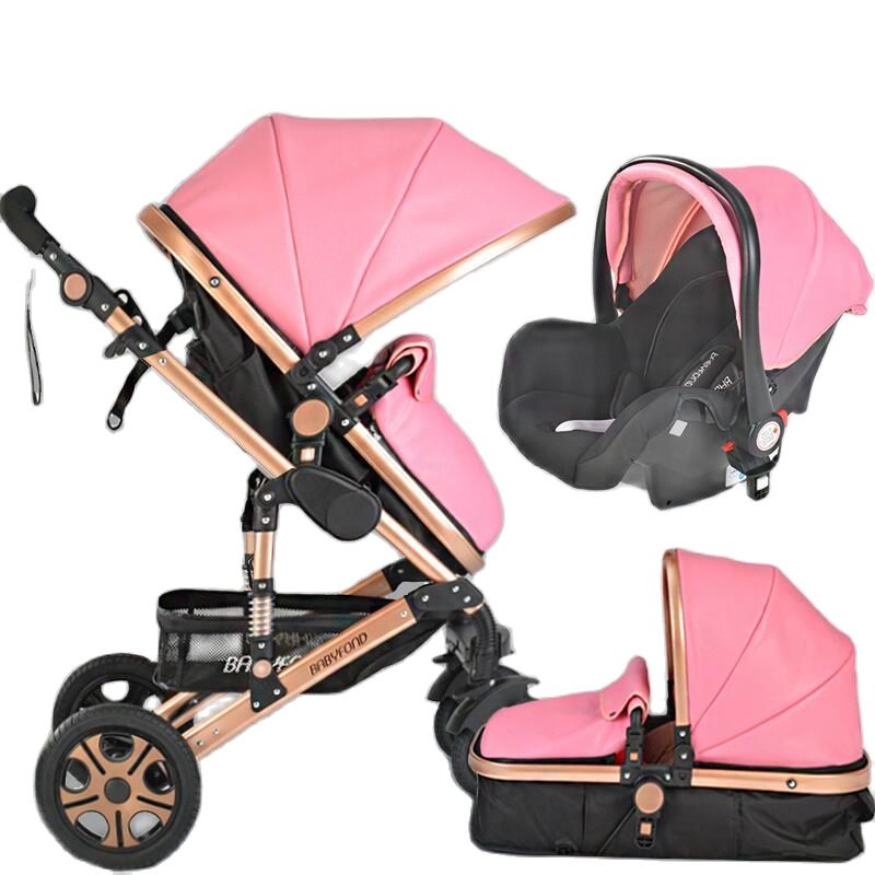 Babyfond Baby Stroller 3 in 1 High Landscape Baby Cart PU Leather Stroller With Car Seat 2 in 1 Luxury Baby Stroller CE Safety