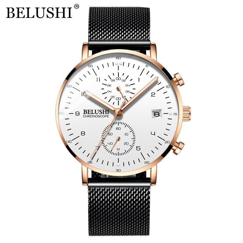 BELUSHI Fashion Men&#39;s Watches Top Brand Luxury Ultra-Thin Mesh Steel Sport Quartz Watch Men Waterproof Clock Relogio Masculino